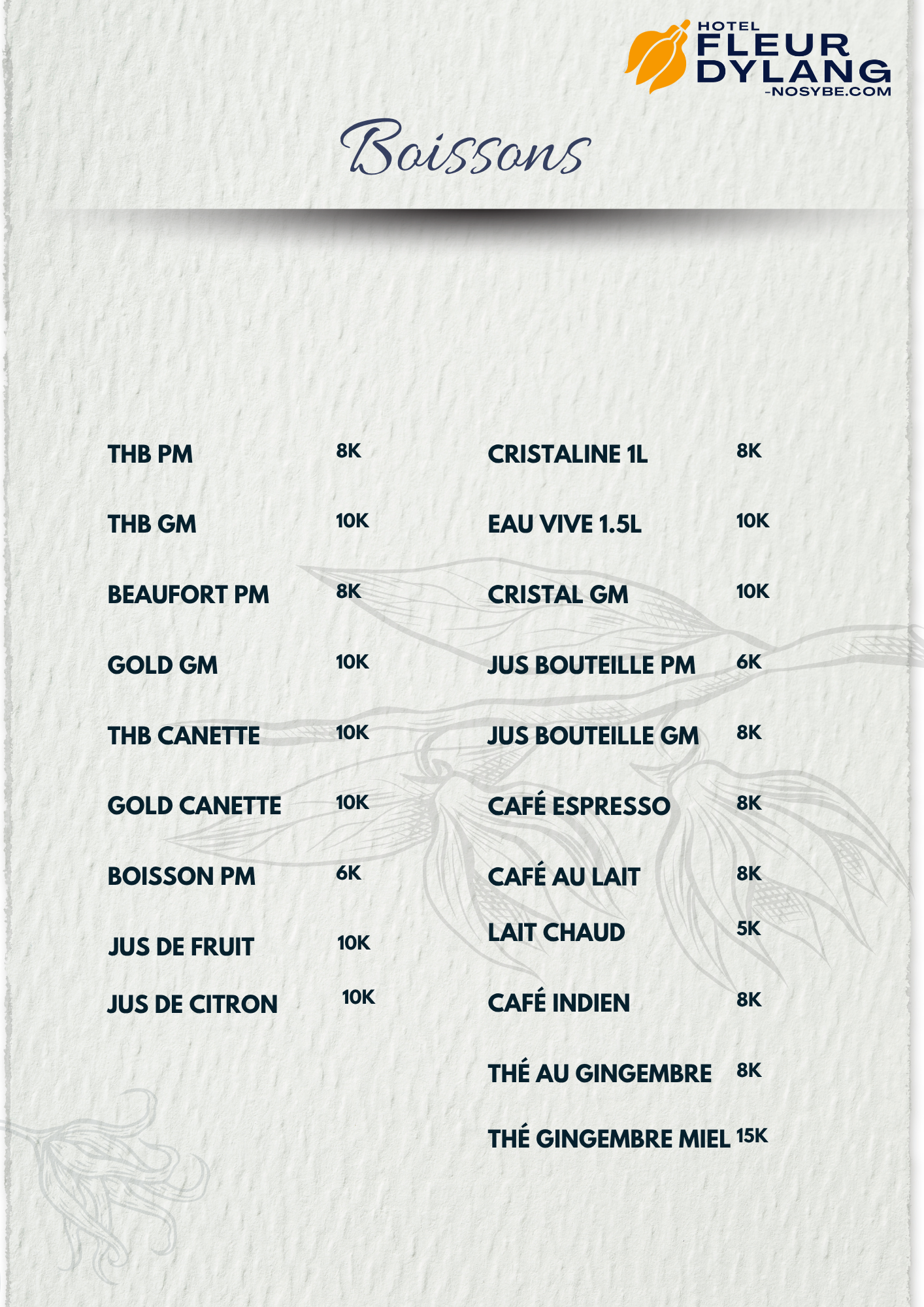 Carte Boissons — Restaurant Fleur d'Ylang